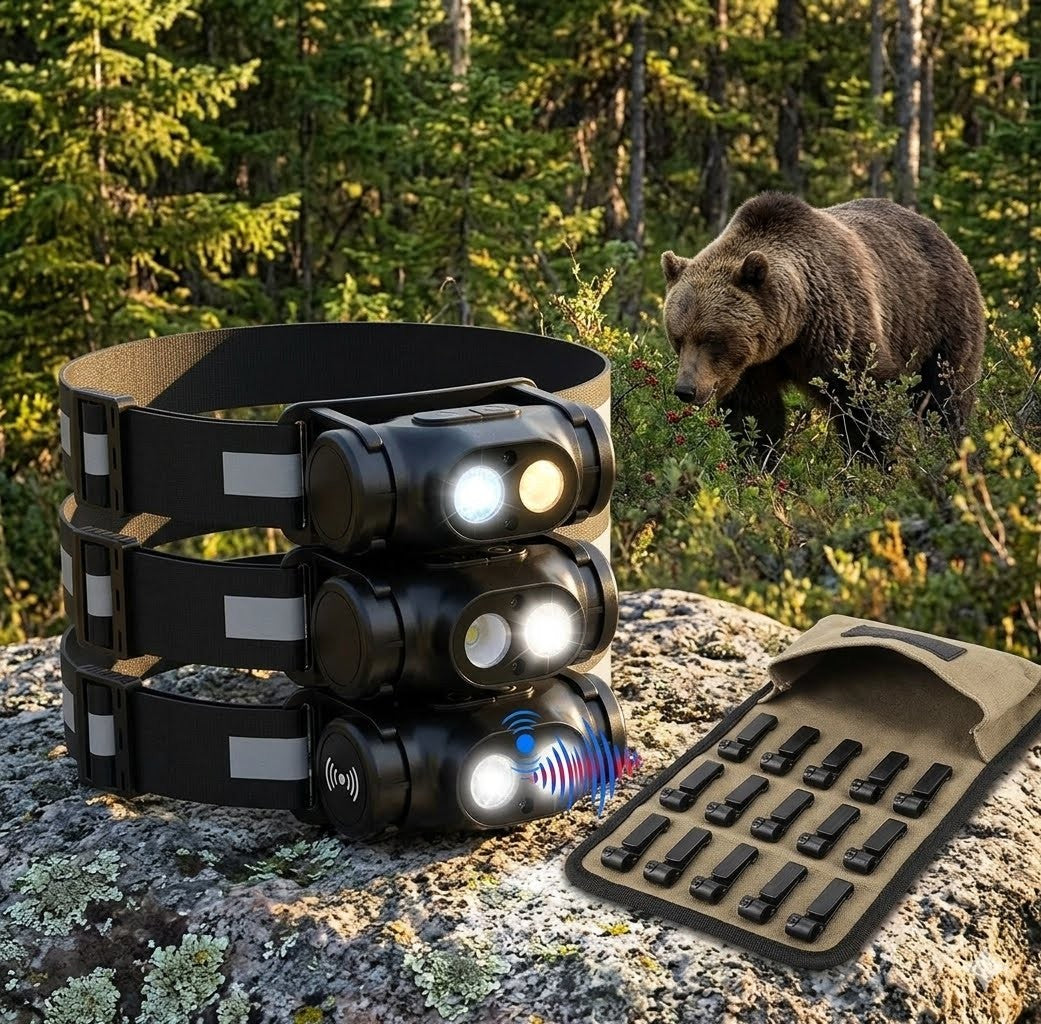 "Compact black LED headlamp with dual beams, reflective anti-slip headband, and side magnetic base for hands-free work and emergency lighting." Biggreenbear.com