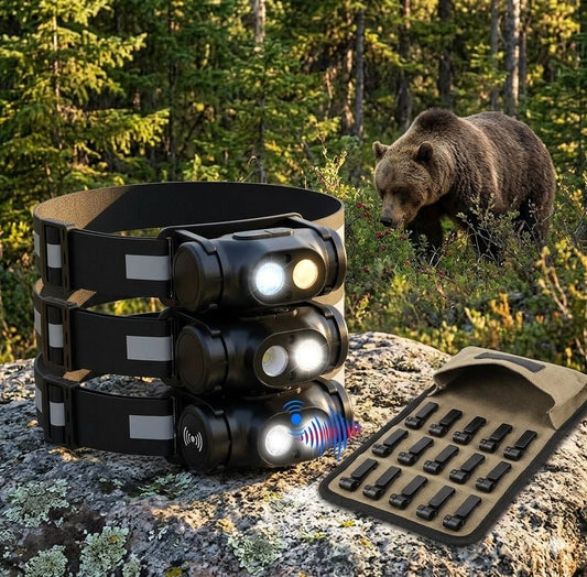 "Compact black LED headlamp with dual beams, reflective anti-slip headband, and side magnetic base for hands-free work and emergency lighting." Biggreenbear.com