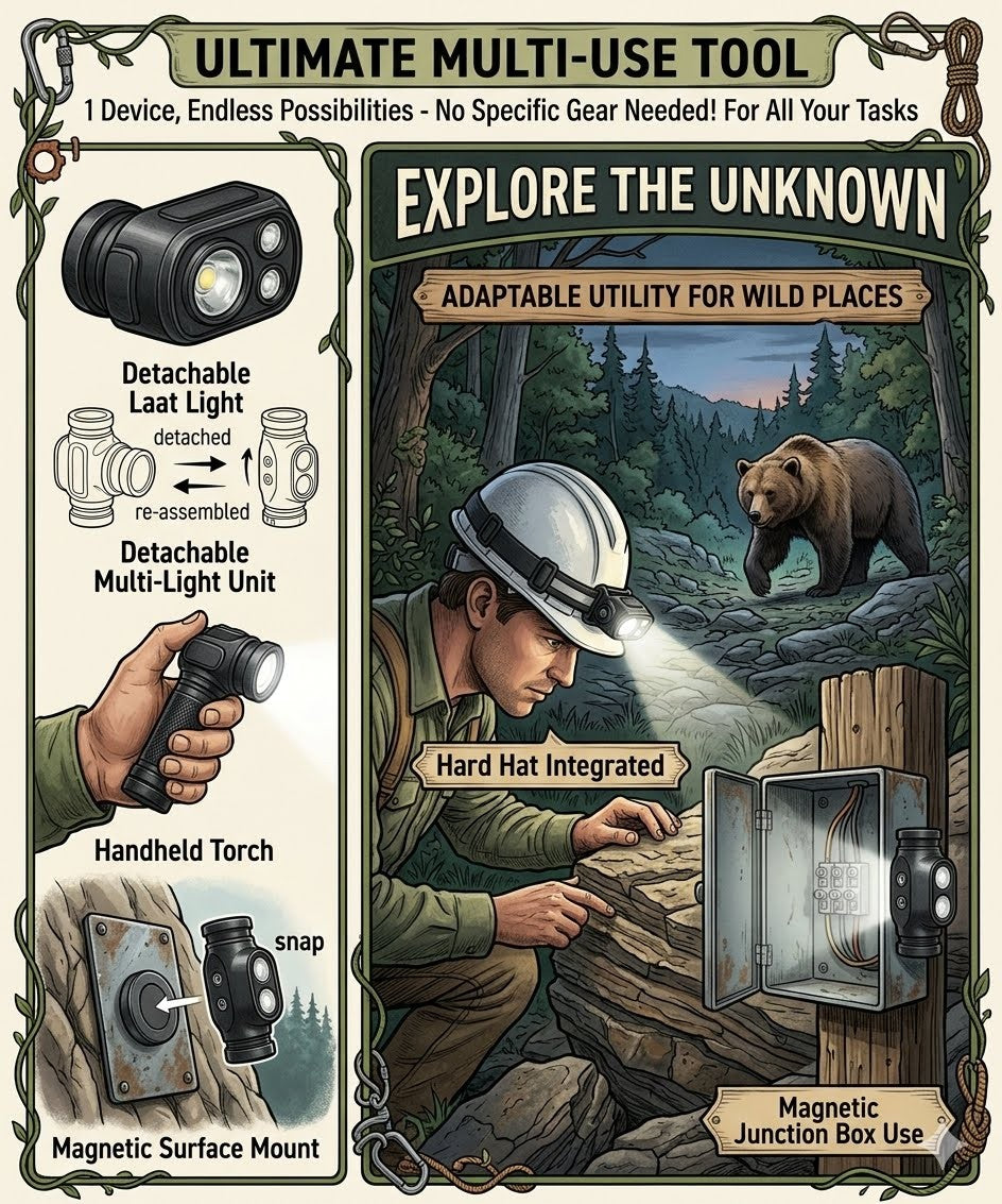 "Person wearing a high-lumen LED headlamp on a dark forest trail with a bear in the background, showcasing outdoor safety and hands-free motion sensor lighting for hiking."
