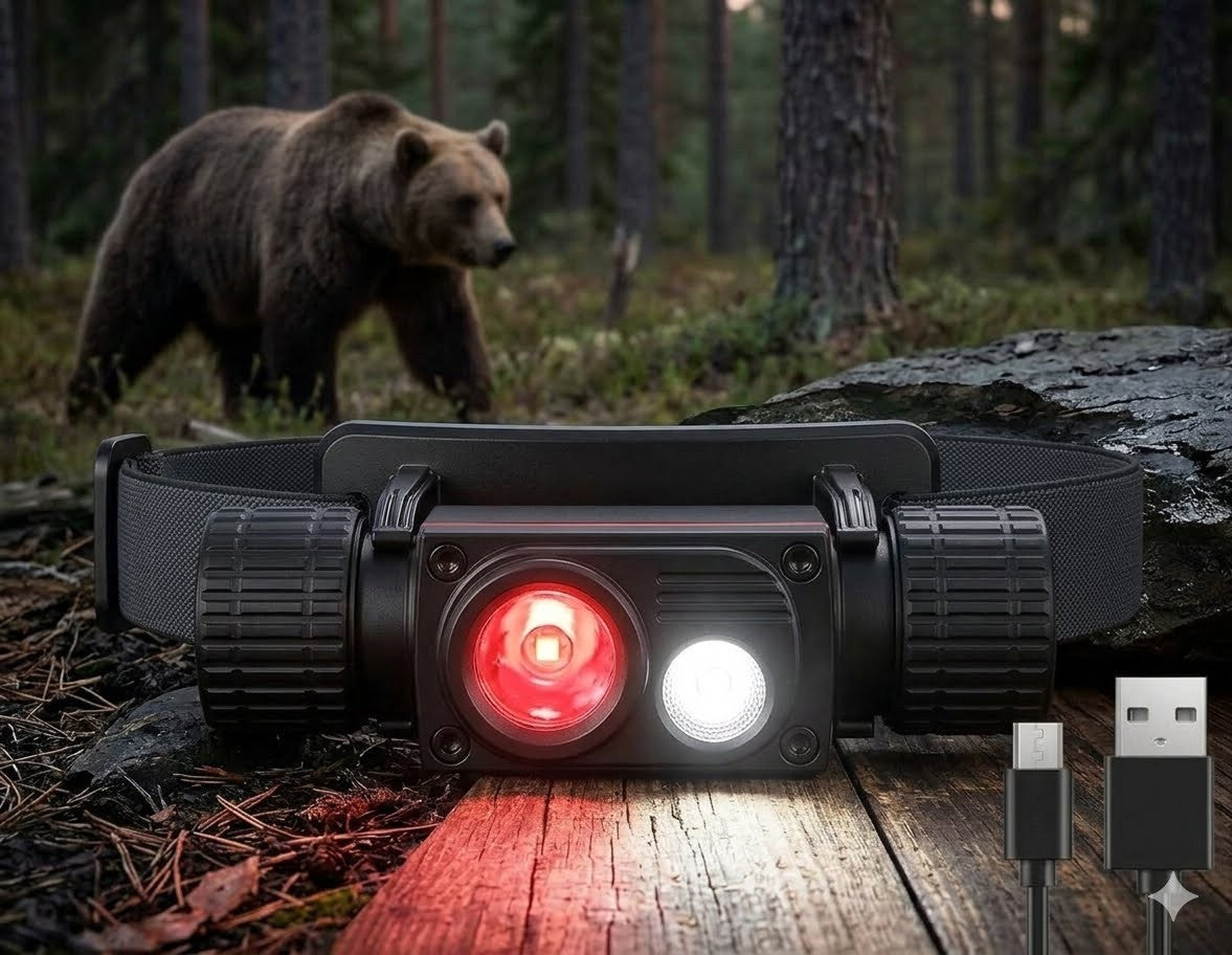 "Professional 1000 lumen dual-beam headlamp with red and white LED lenses, displayed on a rustic wood surface in a forest setting with a bear in the background." Biggreenbear.com