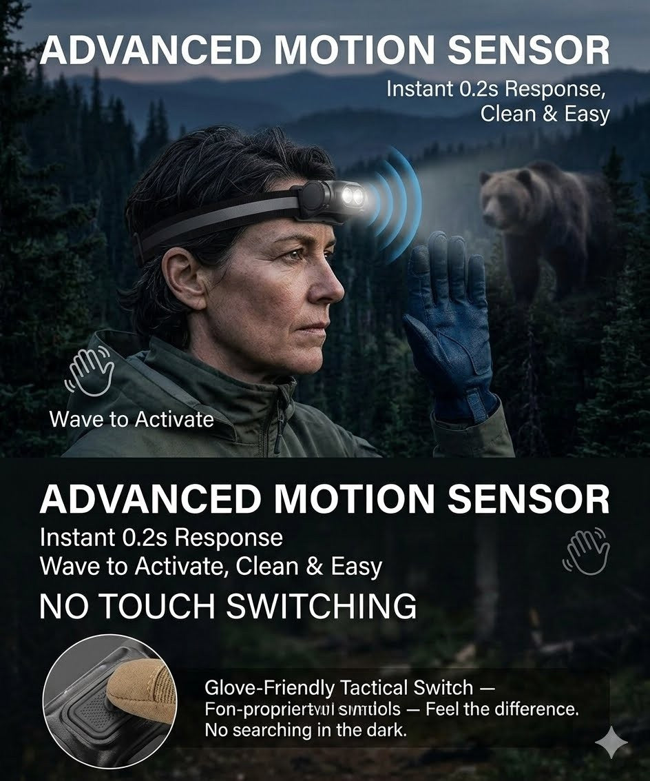 "Person wearing a high-lumen LED headlamp on a dark forest trail with a bear in the background, showcasing outdoor safety and hands-free motion sensor lighting for hiking."