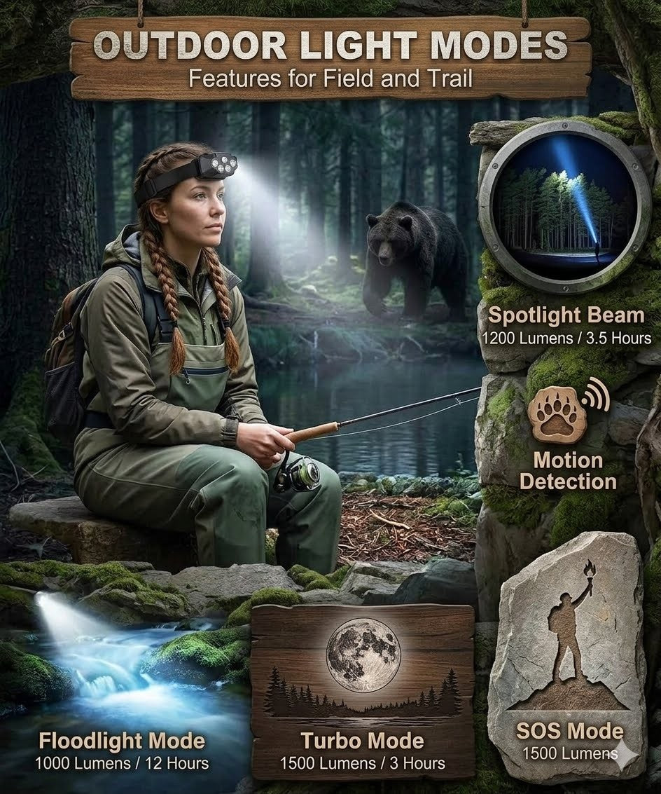 "Compact black LED headlamp with dual beams, reflective anti-slip headband, and side magnetic base for hands-free work and emergency lighting."