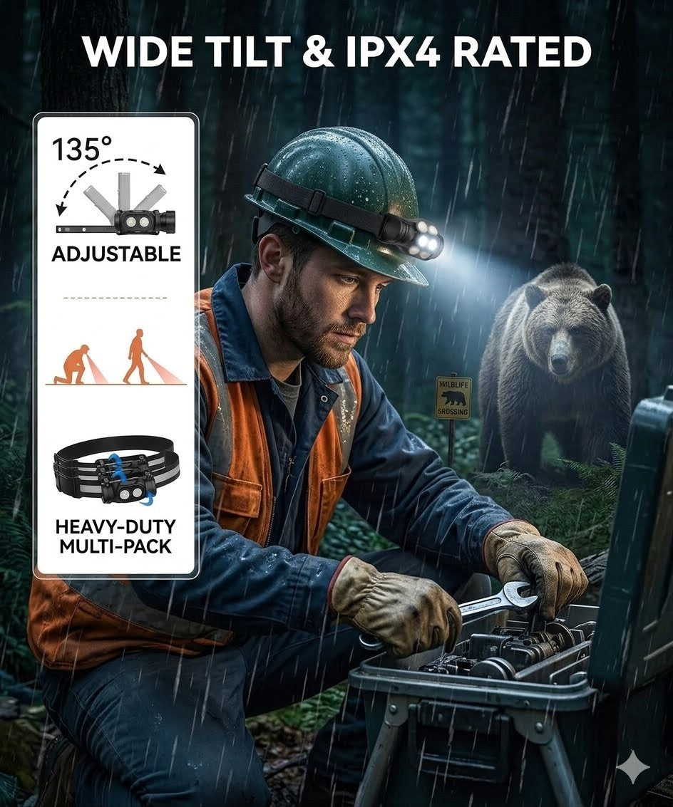 "Big Green Bear rechargeable headlamp with 135-degree adjustable tilt and IPX4 waterproof rating shown in a rainy forest setting for rugged outdoor use.