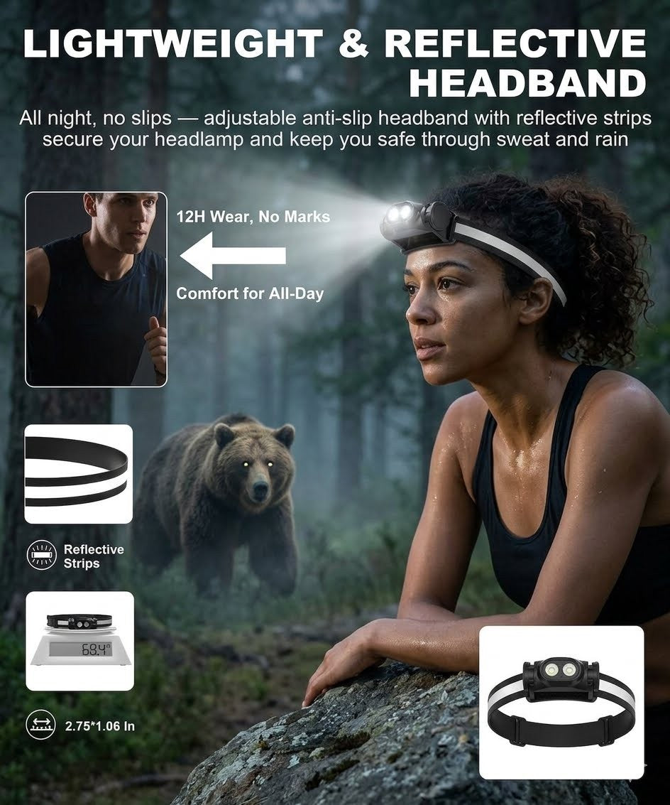 "Hiker using a hand-wave motion sensor to toggle a rechargeable LED headlamp on a night trail, emphasizing hands-free convenience for outdoor activities."