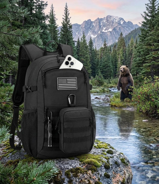 "Front view of the 20L Tactical Packable Backpack in Black showing rugged MOLLE webbing and durable zipper compartments."
