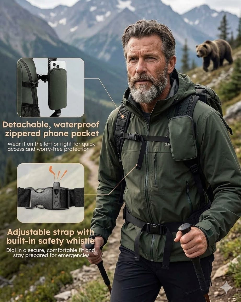 "Compact black travel backpack folded into its 9x10 inch storage pouch, highlighting its space-saving design for suitcases."
