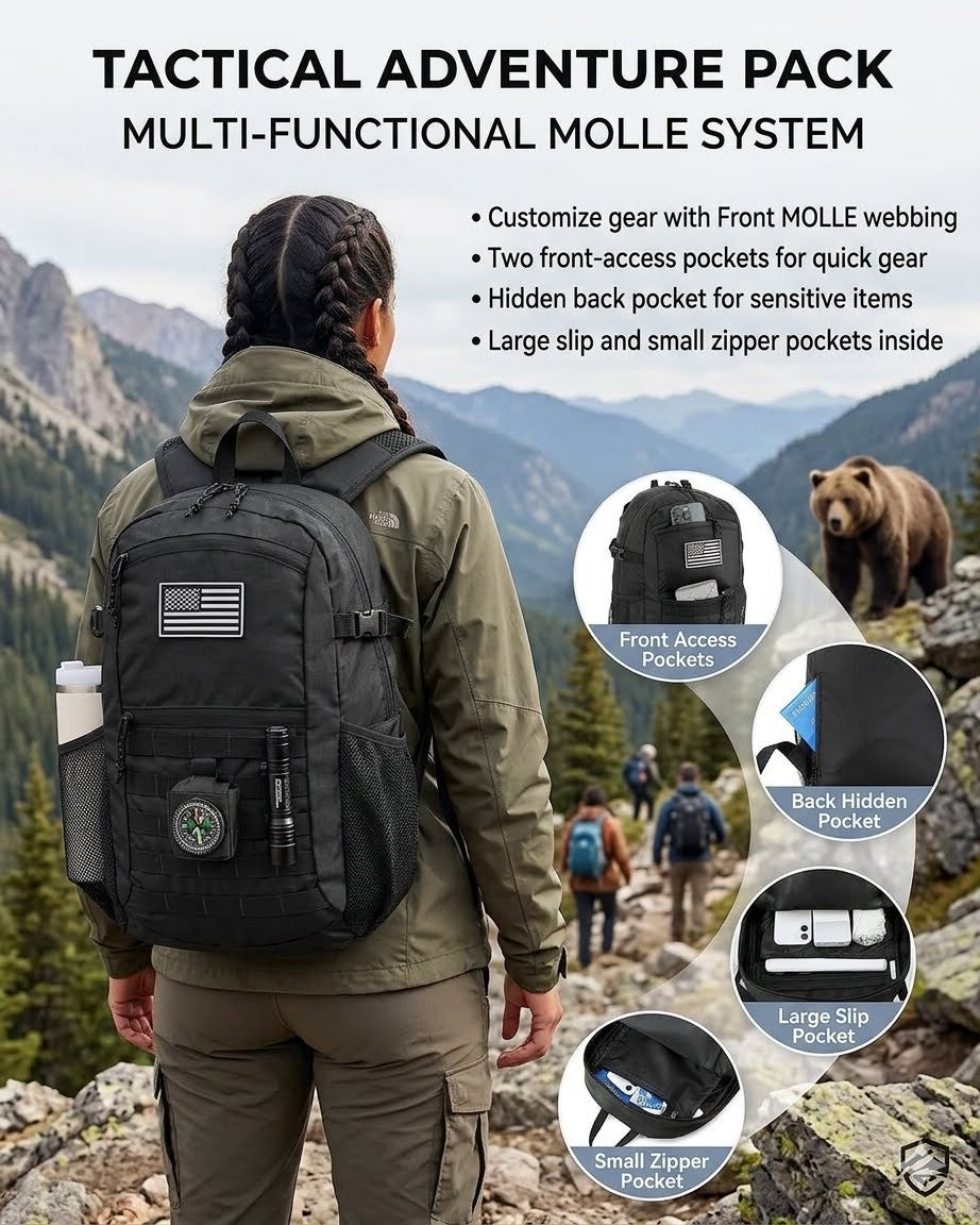 "Compact black travel backpack folded into its 9x10 inch storage pouch, highlighting its space-saving design for suitcases."