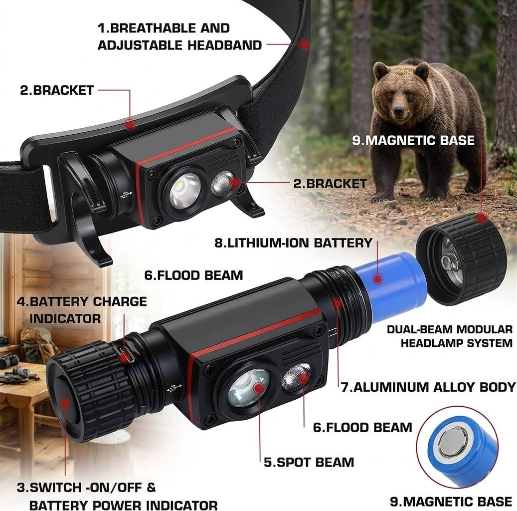 "Technical diagram of a modular aluminum headlamp showing the magnetic base, internal lithium-ion battery, and 180-degree vertical pivot bracket."