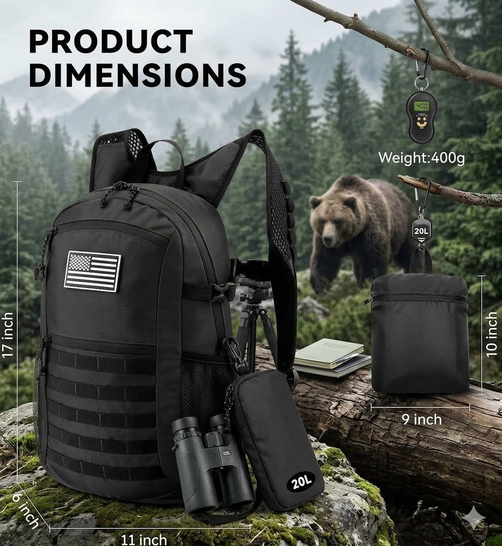 20L Foldable Tactical Hiking Daypack - Lightweight & Black