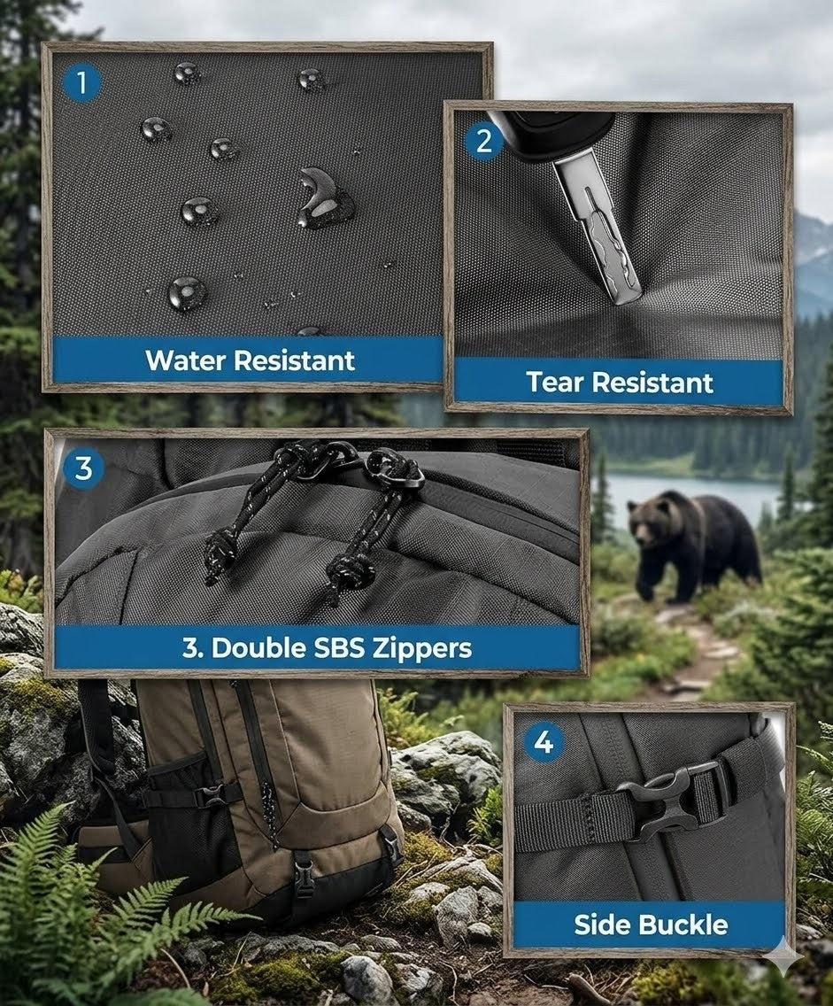 "Rear view of hiking backpack featuring adjustable shoulder straps, a hidden anti-theft pocket, and a chest buckle with a built-in survival whistle."