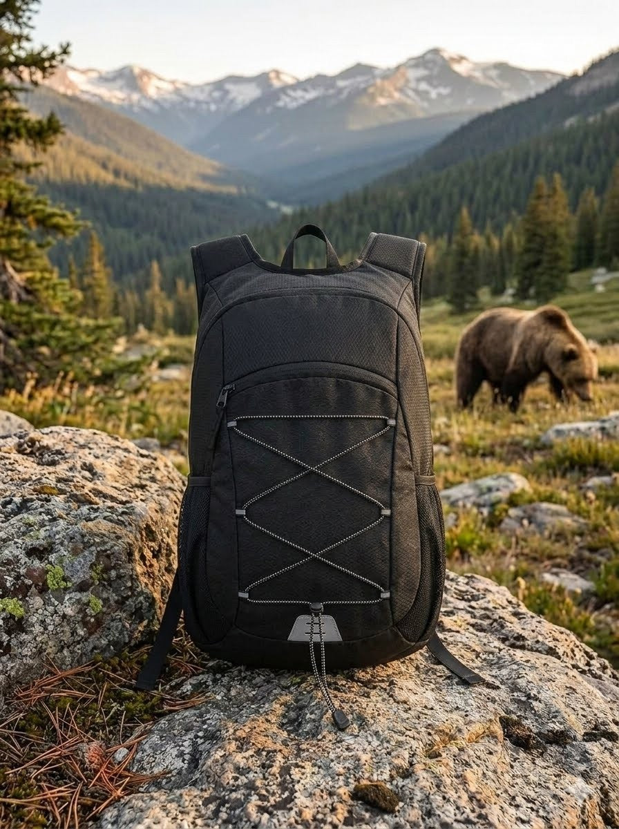 "Front view of 15L ultra-light black daypack with reflective bungee cords on a rocky mountain trail."