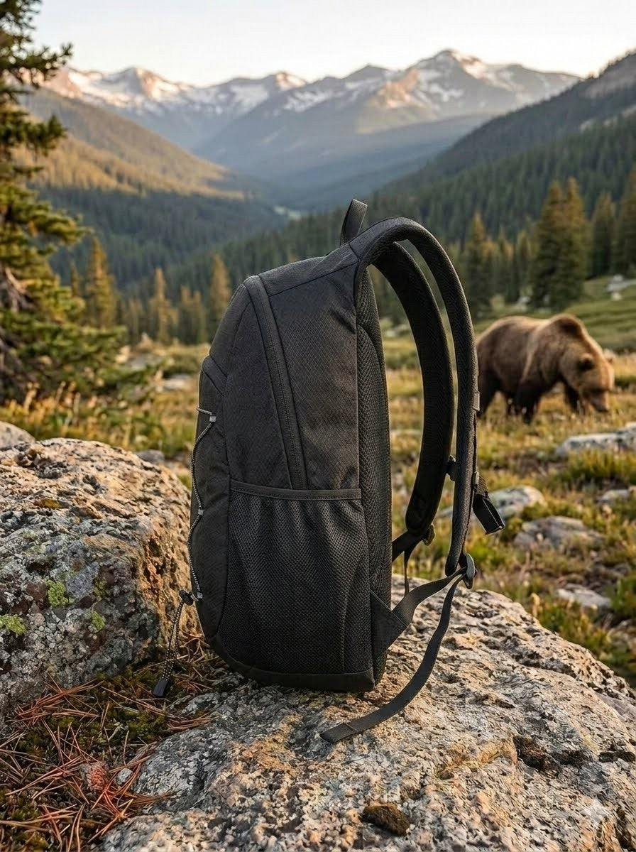 "Side profile of a compact 15L hiking backpack showing water-resistant polyester fabric and mesh side pockets."
