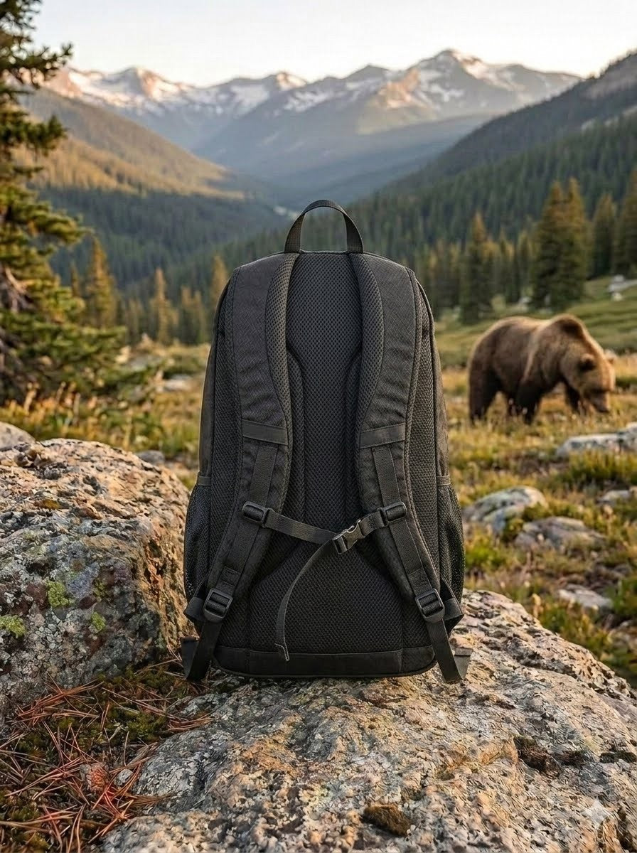 "Ergonomic back panel of a 15L daypack featuring breathable mesh padding and adjustable padded shoulder straps."