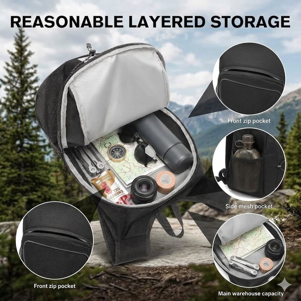 "Organized interior of a 15L travel backpack showing main compartment storage for a tablet, sunglasses, and essentials."