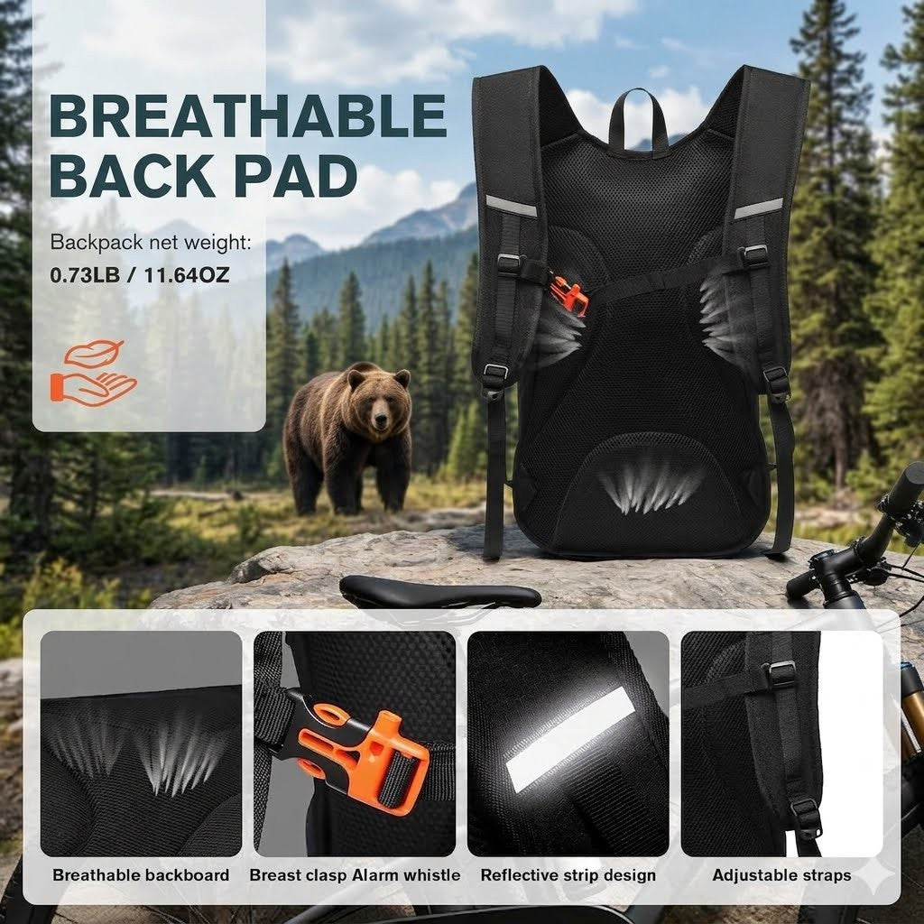 "Close-up of the breathable padded backboard and orange emergency whistle buckle on a lightweight outdoor pack."