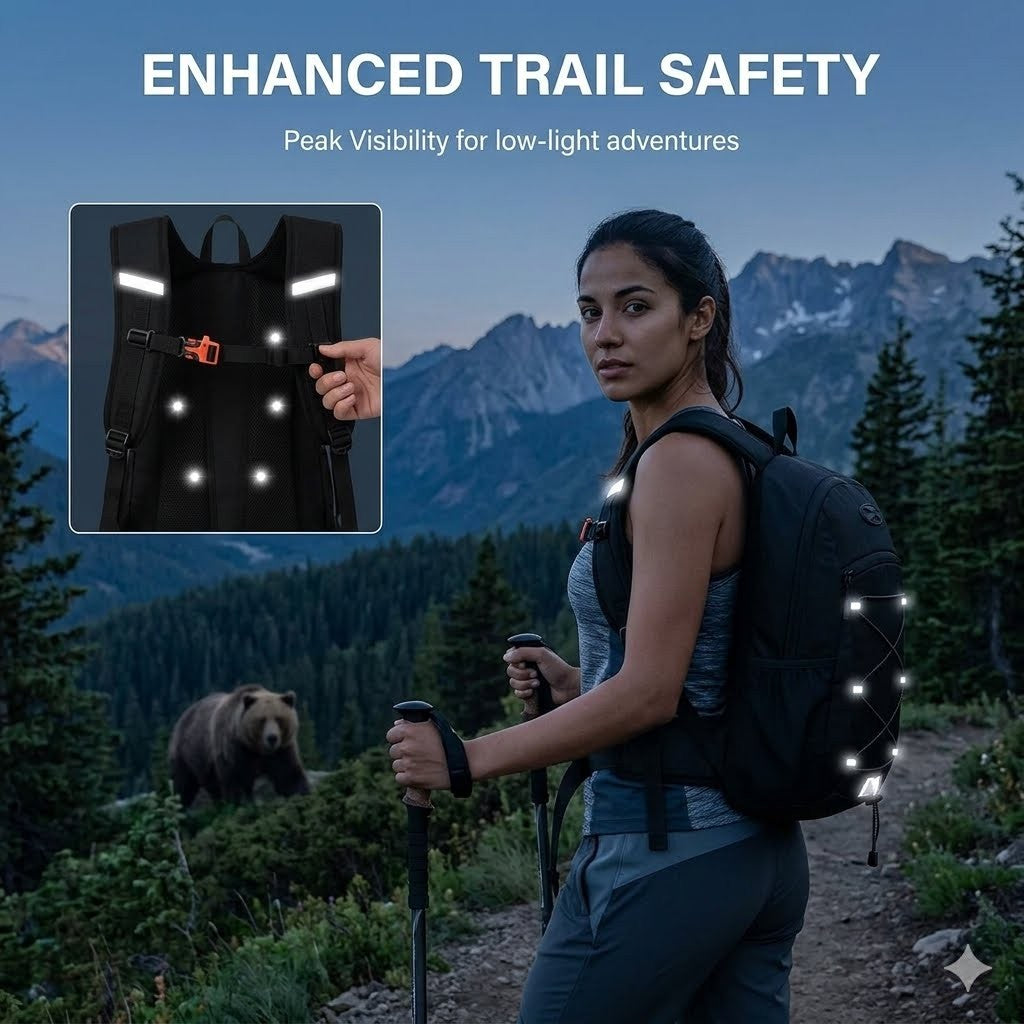 "Female hiker wearing a lightweight 15L black backpack with reflective safety strips on a mountain trail."
