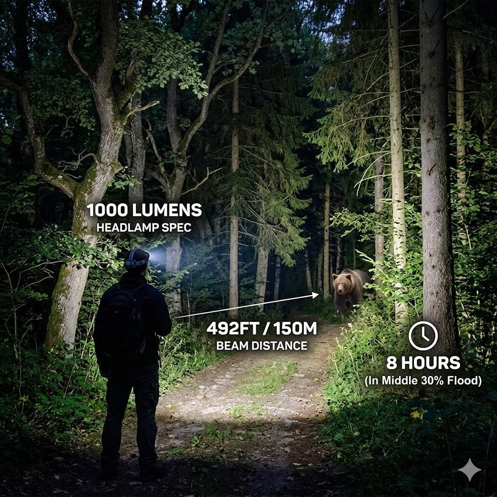 "High-power 1000 lumen LED headlamp illuminating a dark forest trail, demonstrating a 150-meter beam distance and wide flood coverage."