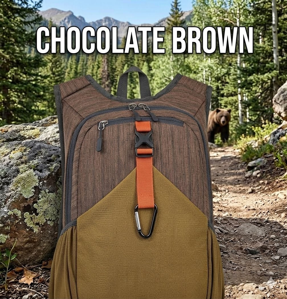 "Front view of 20L Chocolate Brown ultralight hiking daypack featuring orange accent strap and black carabiner in a mountain trail setting." Biggreenbear.com