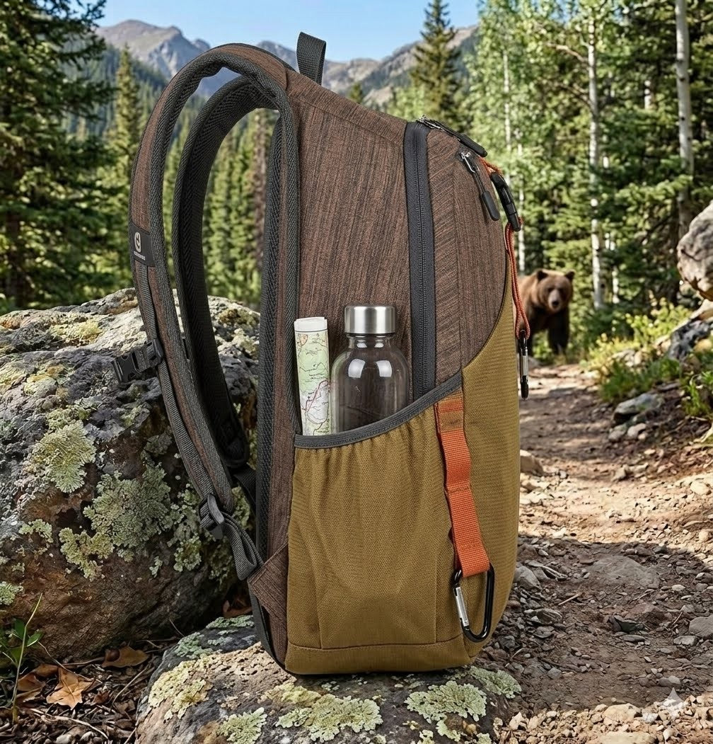 "Side profile of a brown packable backpack showing mesh water bottle pocket and breathable shoulder straps on a rocky hiking trail."