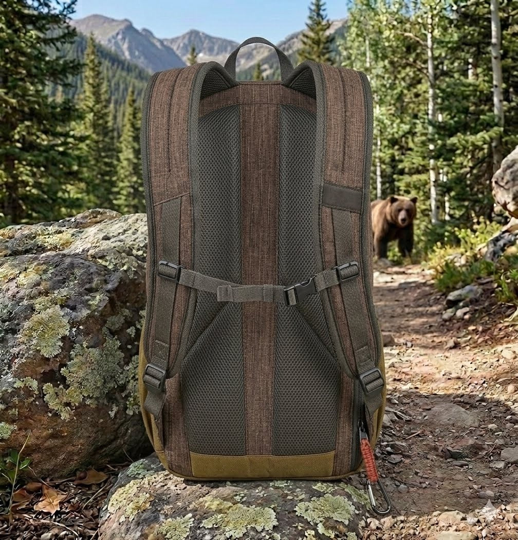 "Rear view of a 20L hiking backpack showing ergonomic padded mesh back panel and adjustable chest strap with integrated whistle."