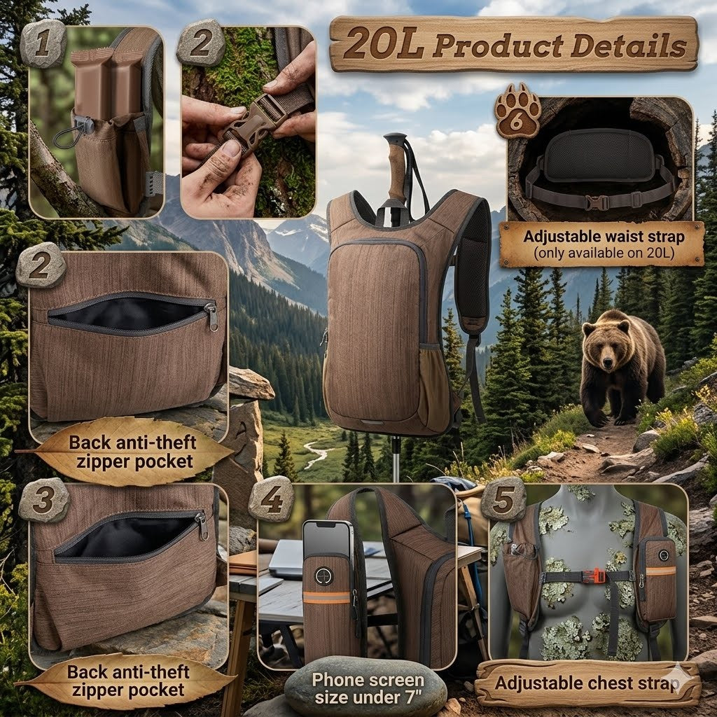 "Infographic showing 20L backpack features including anti-theft zipper pocket, smartphone shoulder strap pocket, and adjustable buckles."