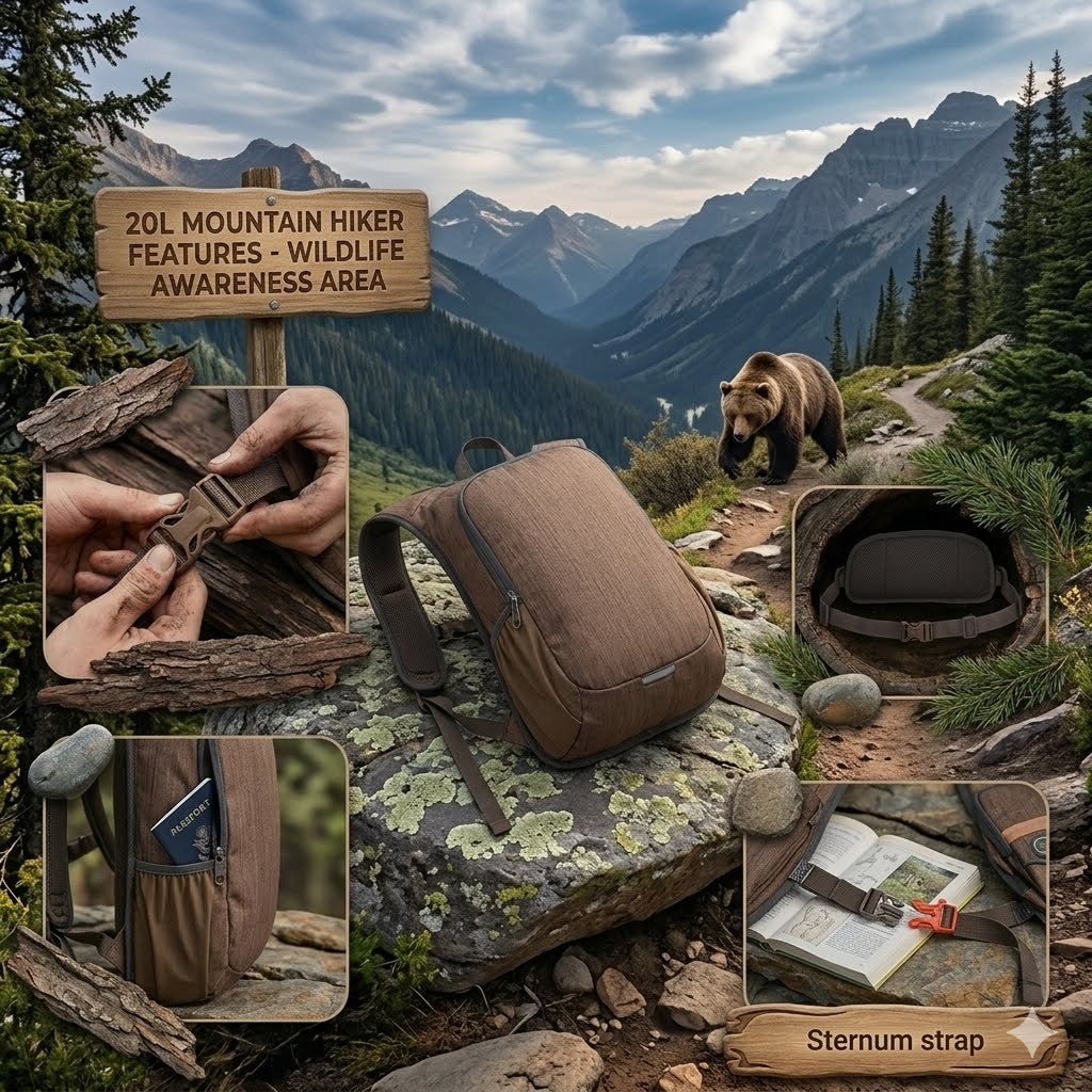 Brown hiking backpack with features highlighted on a mountainous landscape