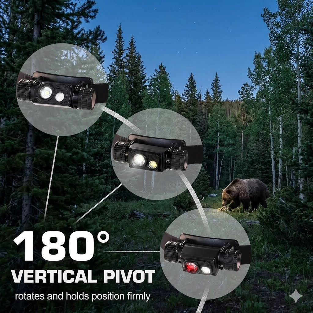 "High-power 1000 lumen LED headlamp illuminating a dark forest trail, demonstrating a 150-meter beam distance and wide flood coverage."