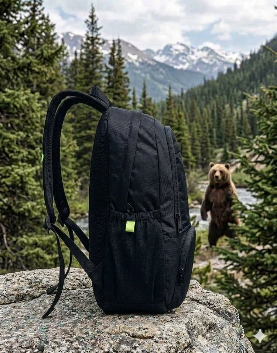 Black backpack on a rock with a bear in the background in a forested area with mountains.