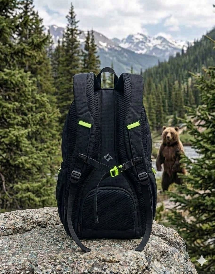 Black backpack with green accents on a rock in a forest with a bear in the background