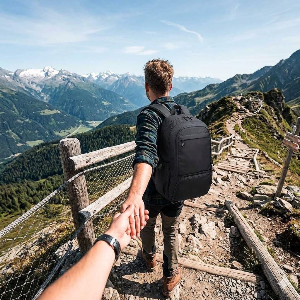 Person with a backpack holding hands with another person on a mountain path with scenic views.