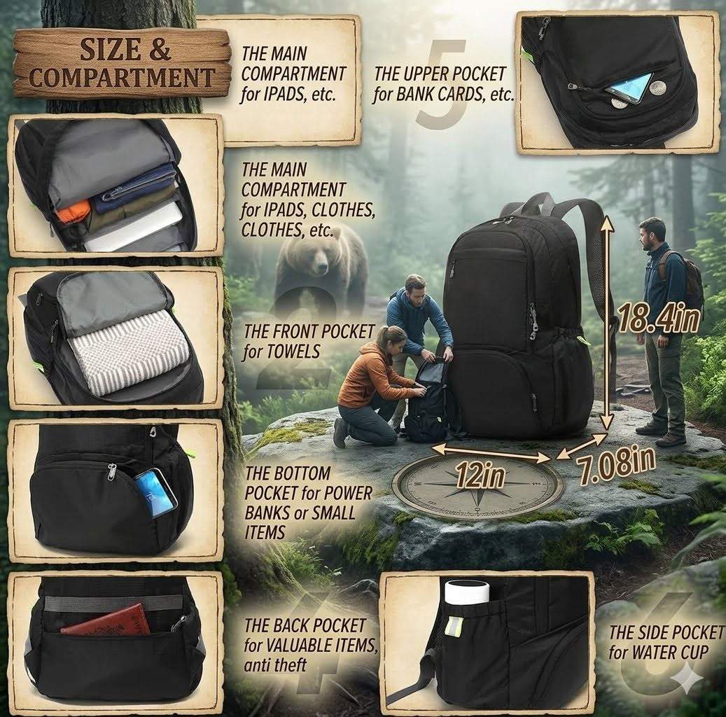 Backpack with various compartments and features, set against a natural landscape background.