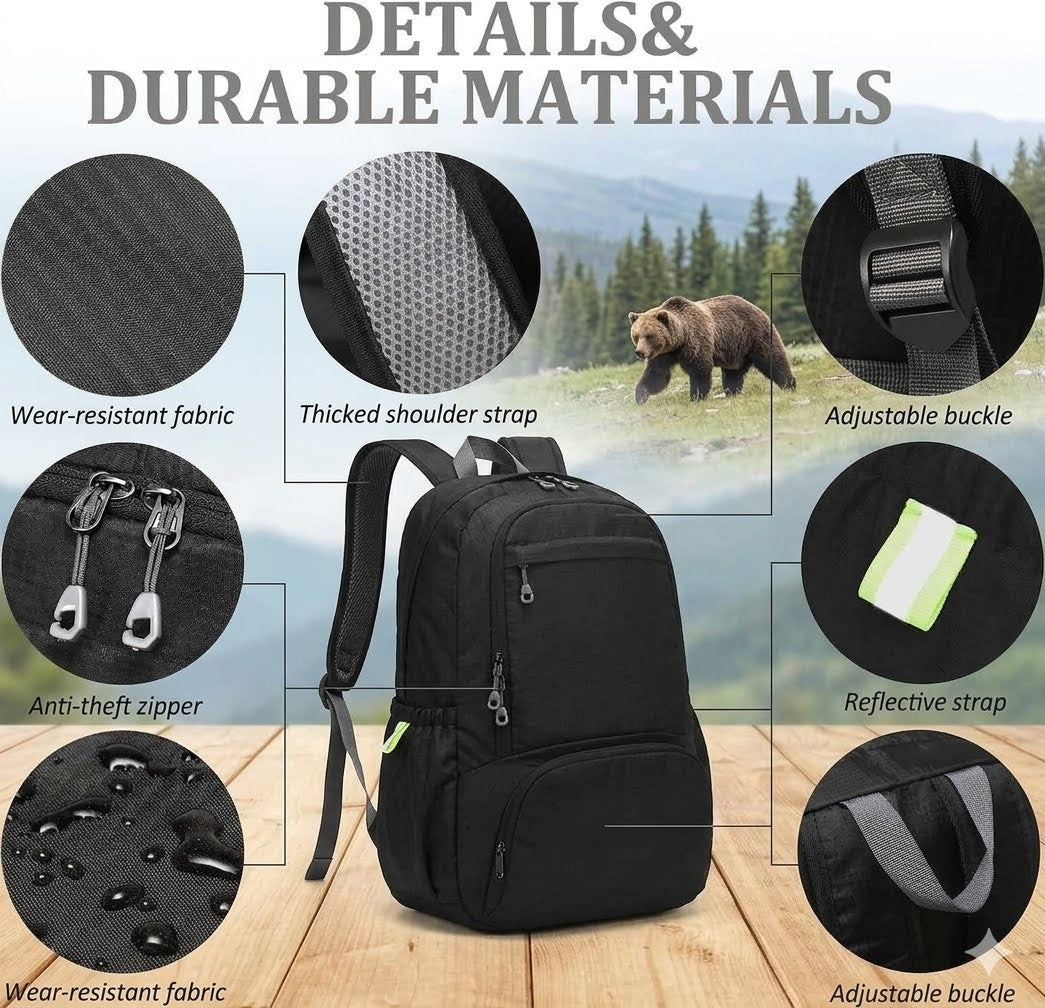 Black backpack with features highlighted on a scenic background