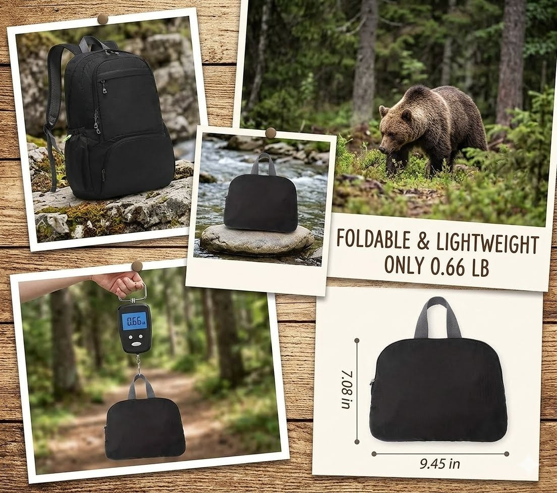 Black foldable backpack shown in various settings with a bear, scale, and measurements.