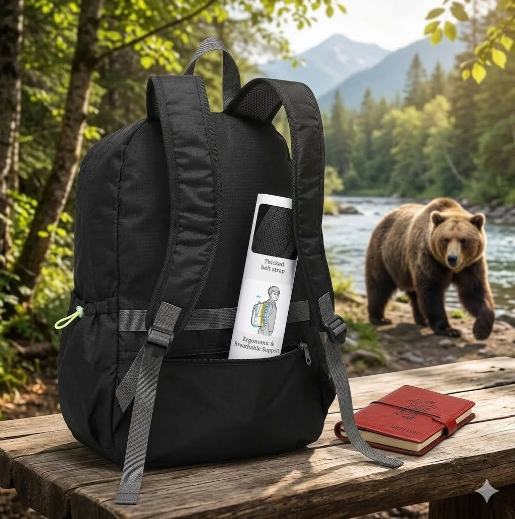 Black backpack with a bear and nature background