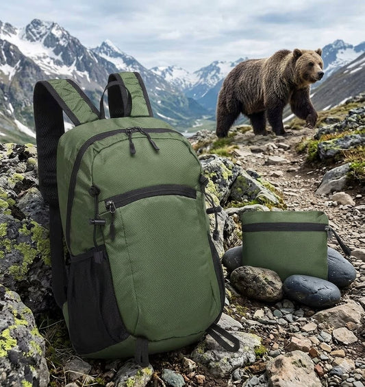 Green backpack and small bag on a rocky mountain path with a bear in the background Big Green Bear
