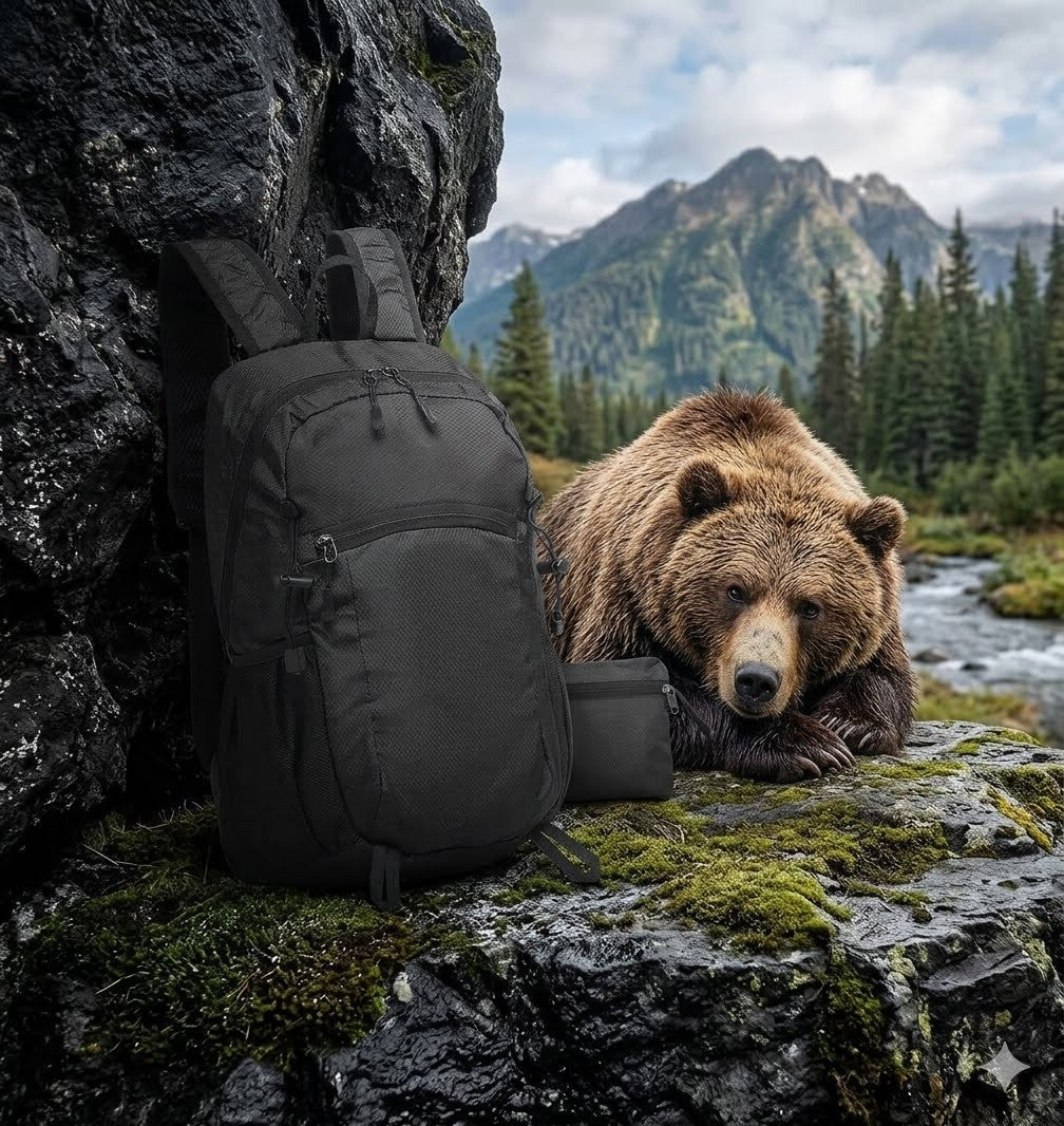 Black backpack next to a bear in a mountainous forest setting Big Green Bear