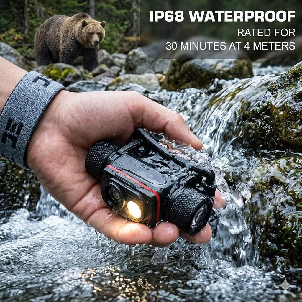 "IP68 waterproof rated headlamp being rinsed in a running forest stream, showcasing durability and water resistance for outdoor use."