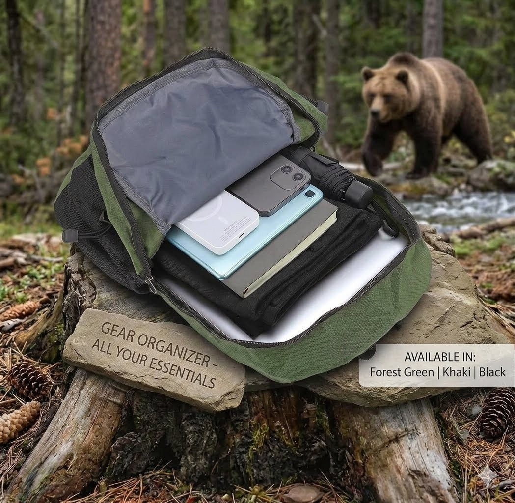 Green gear organizer with electronic devices on a log in a forest setting with a bear in the background