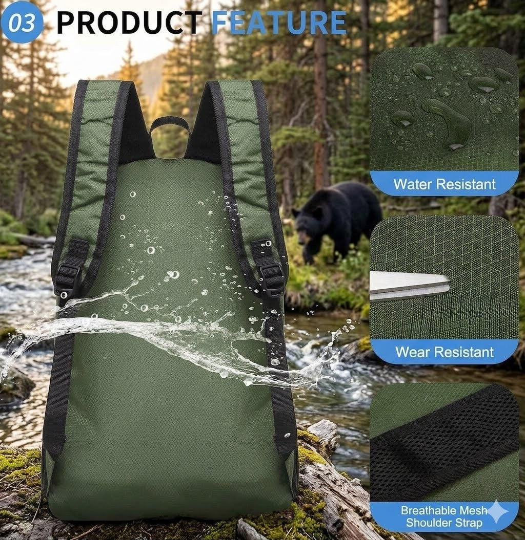 Green backpack with water-resistant features shown in a forest setting