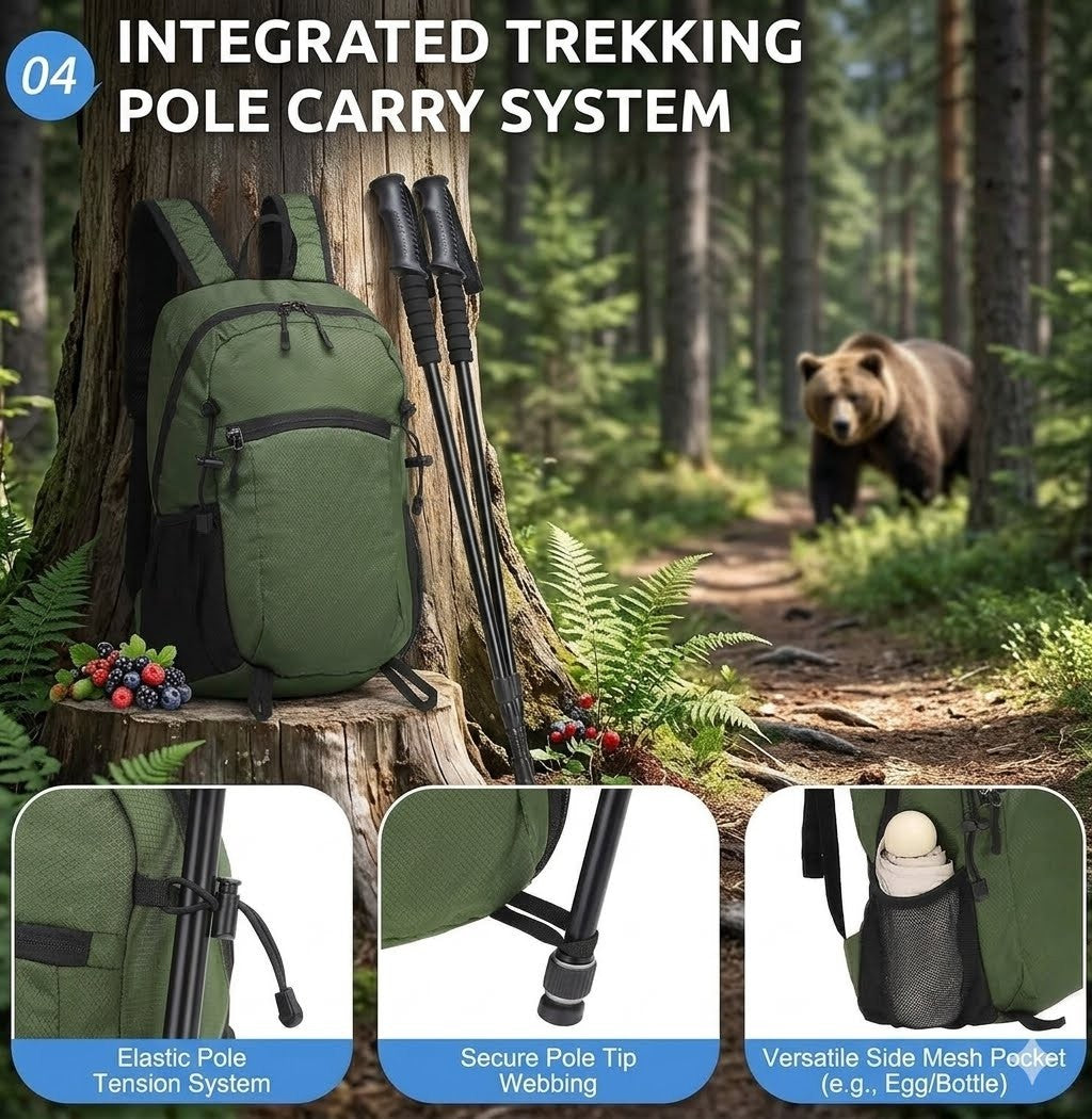 Green backpack with integrated trekking pole system in a forest setting with a bear in the background.