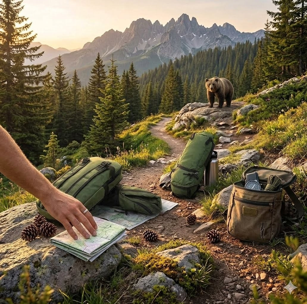 Person with map and backpack in a mountainous forest with a bear in the background