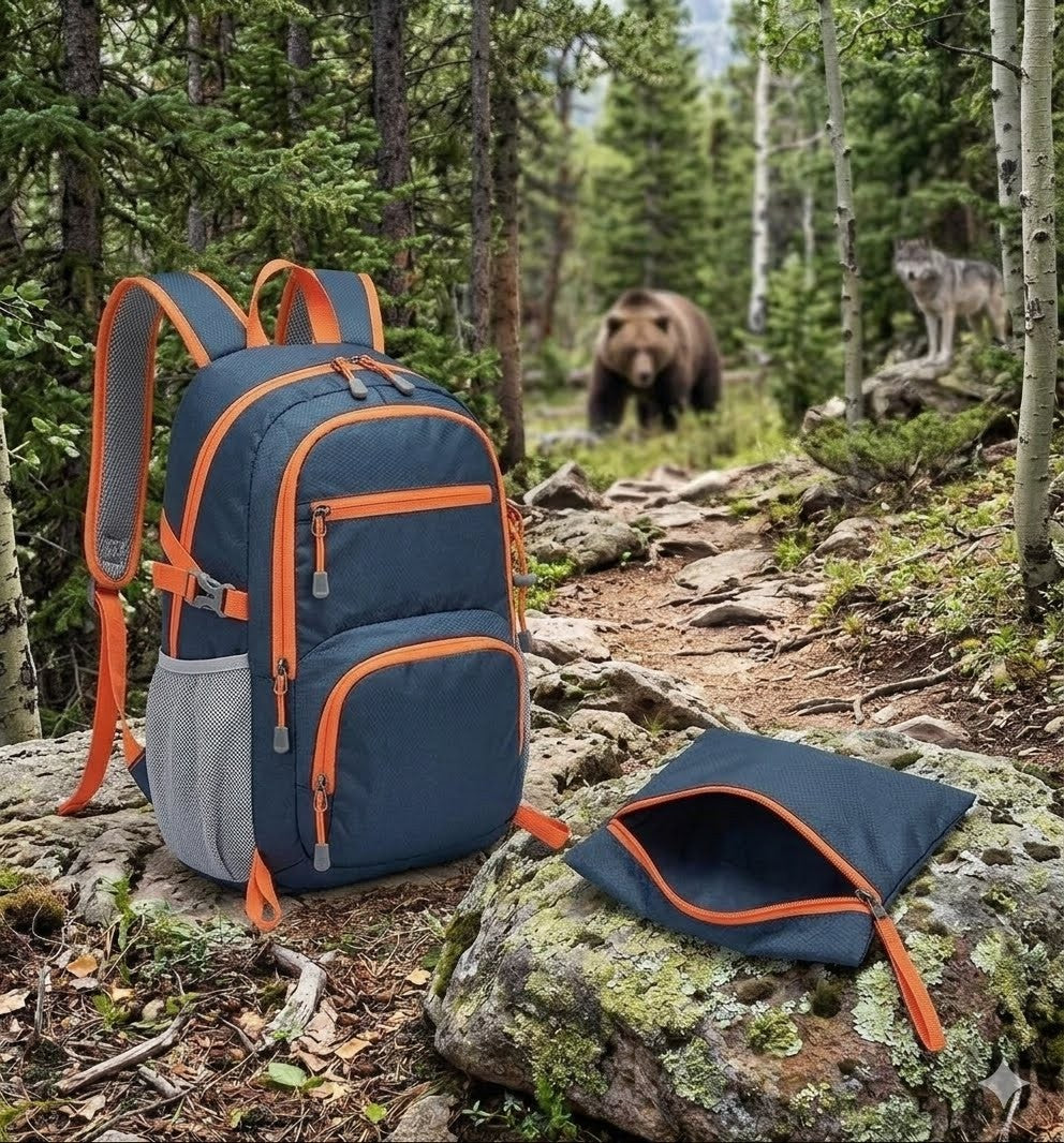 Blue and orange backpack on a rock with a bear and wolf in the background in a forest setting Biggreenbear.com