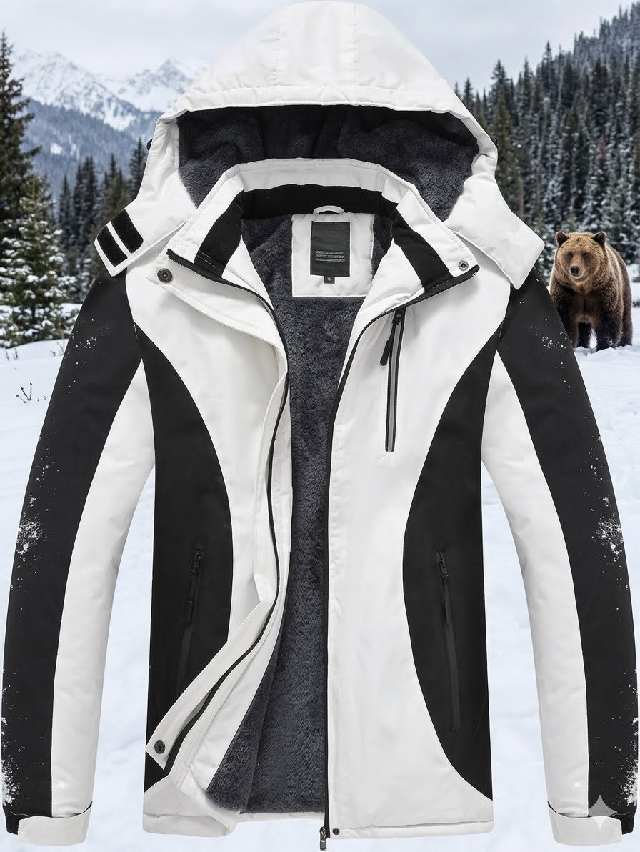White and black jacket with a bear in the background Biggreenbear.com