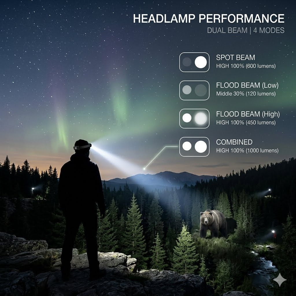 "Comparison shot of a vertical pivot headlamp showing 180-degree directional control against a starry night sky and northern lights."