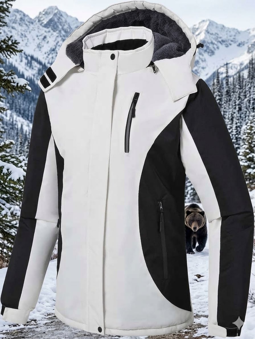 White and black jacket with a hood in a snowy mountain setting
