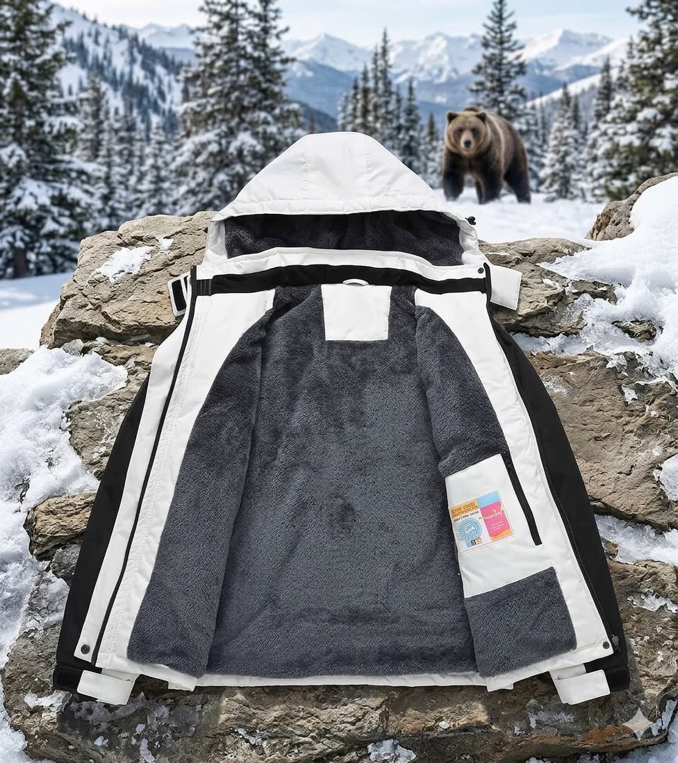 Gray and white jacket with a bear in the background on a snowy mountain