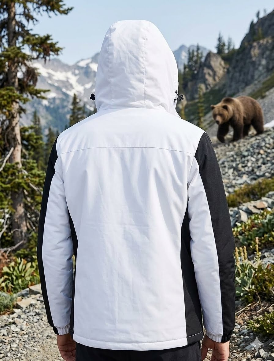 Person wearing a white and black jacket with a bear in the background