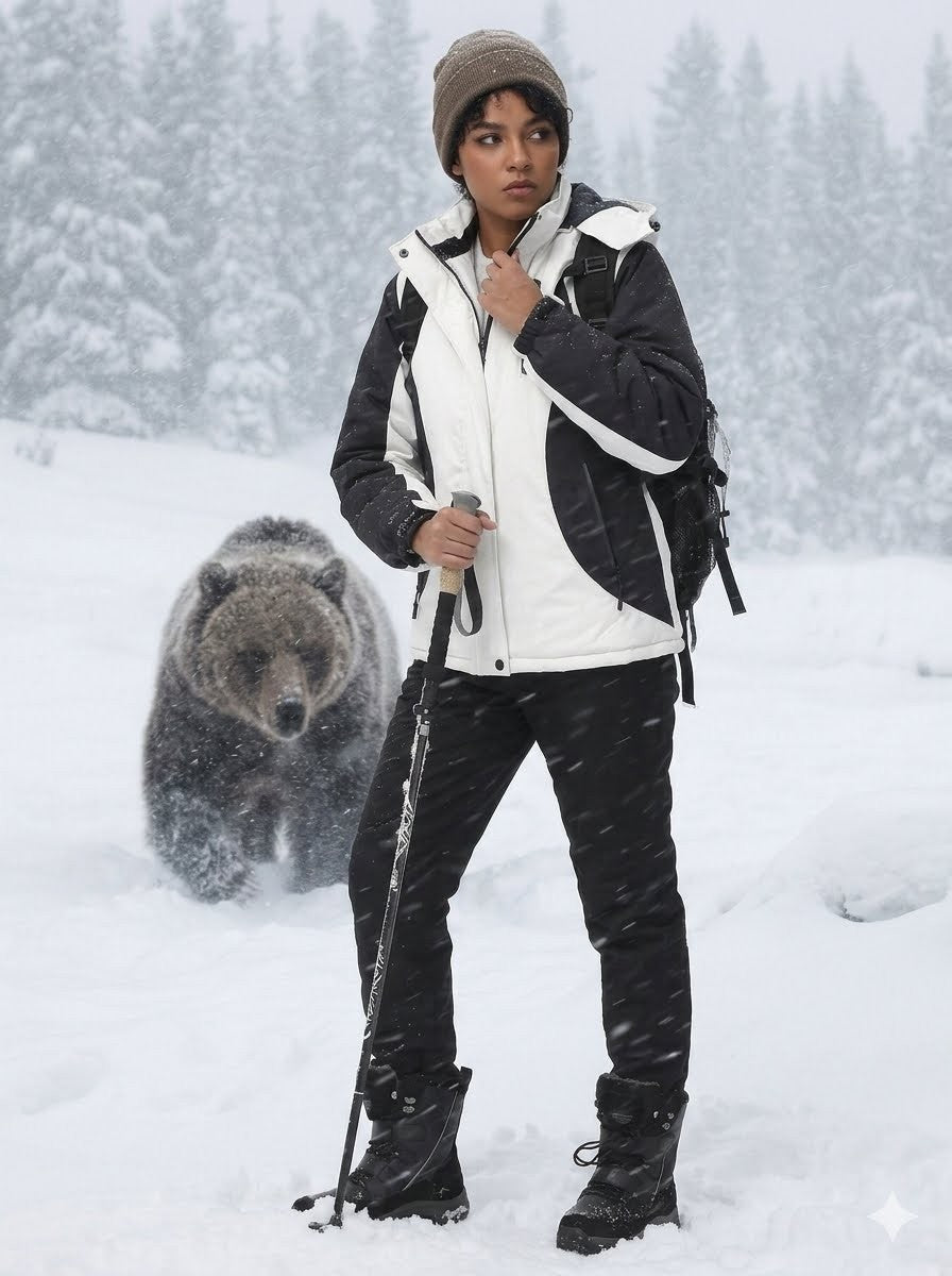 Person in winter clothing with a bear in the snow