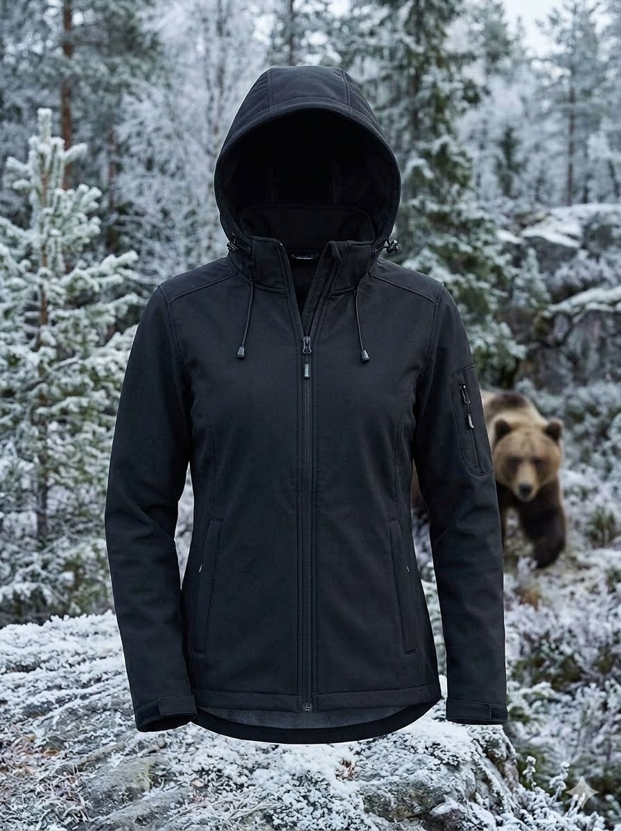 Person wearing a black jacket with a hood in a snowy forest with a bear in the background