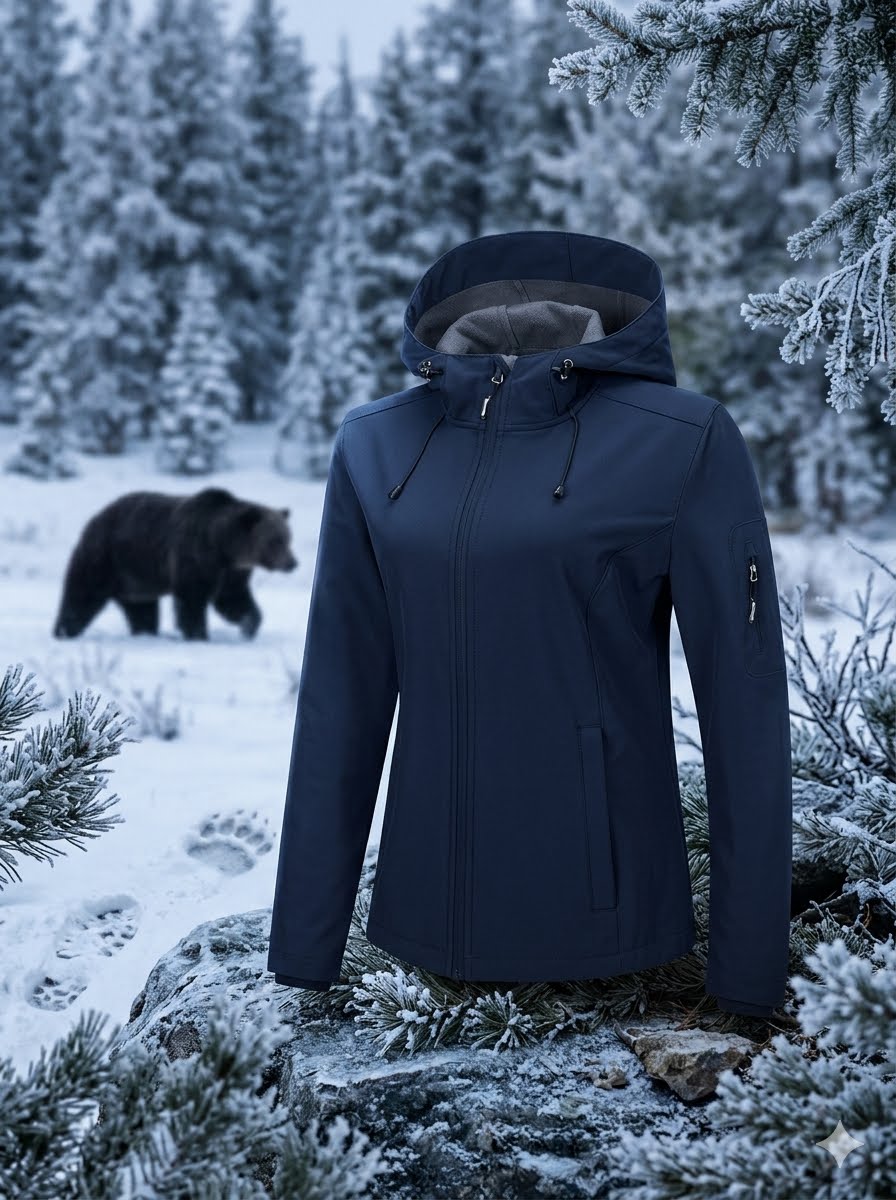 Person wearing a blue jacket in a snowy forest with a bear in the background